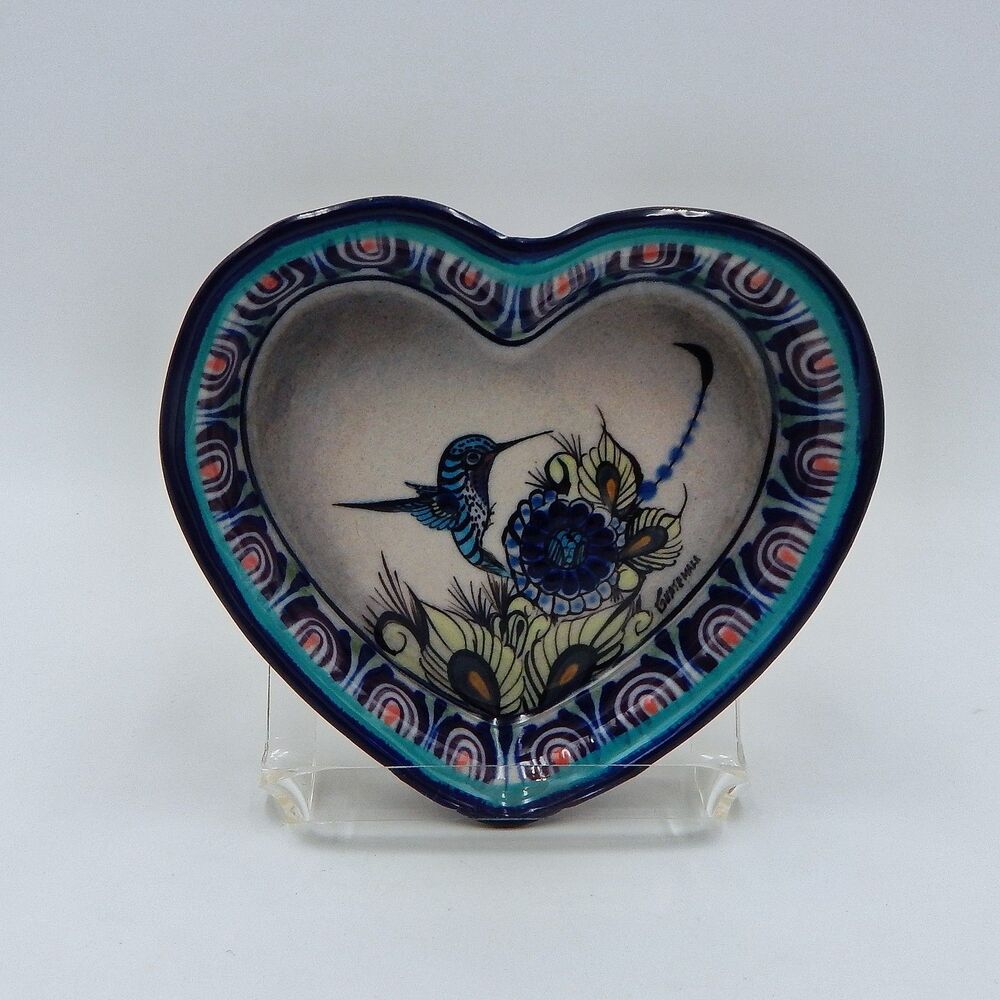 Heart Shaped Pottery Hummingbird Flower Trinket Dish 6 Inch Made In Guatemala